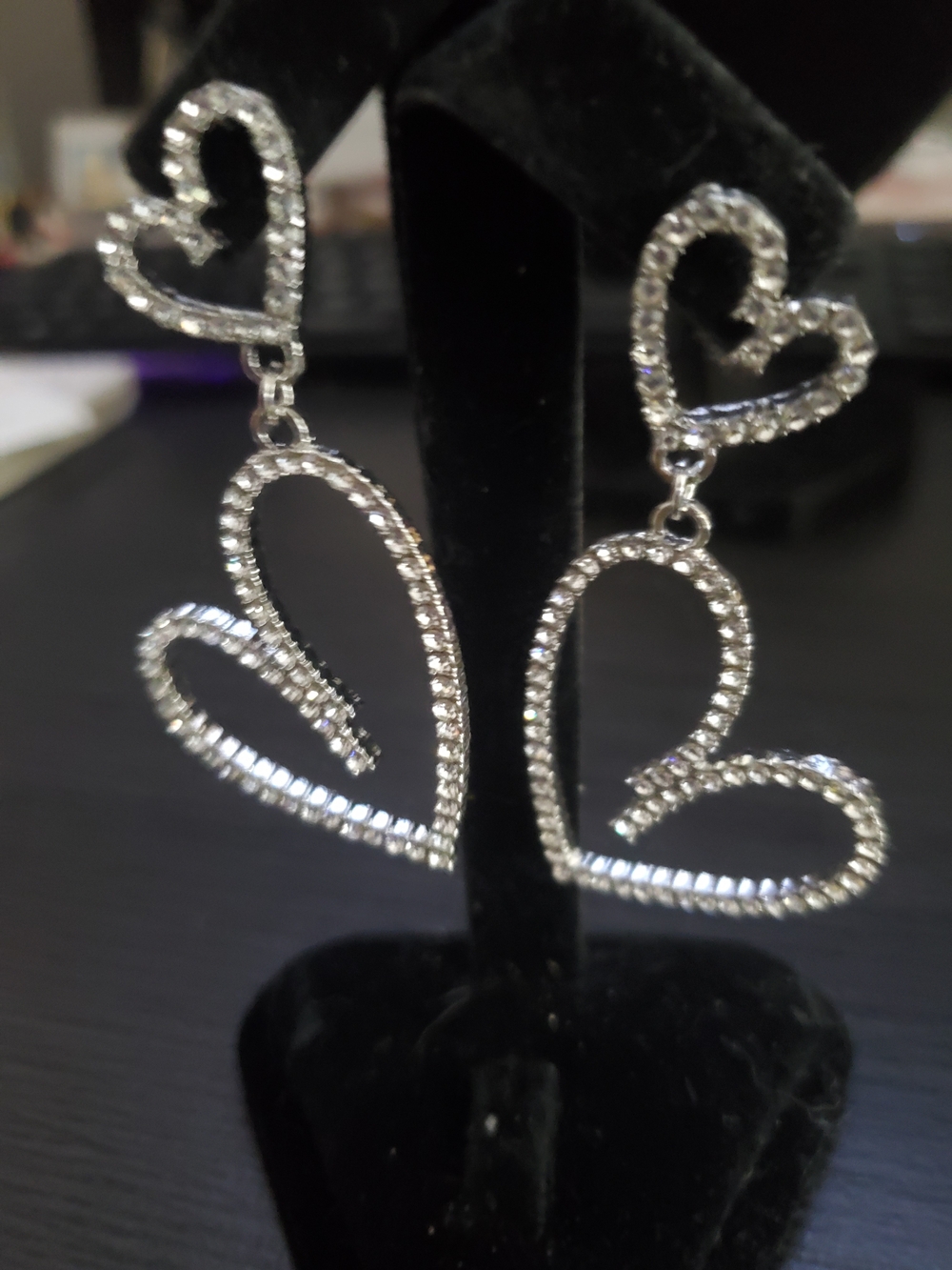 Rhinestone Double Heart Drop Earrings - Silver Tone